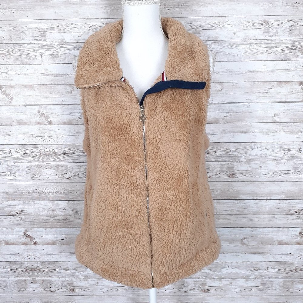 Tommy Hilfiger Womens Teddy Vest L Tan Full Zip 223A